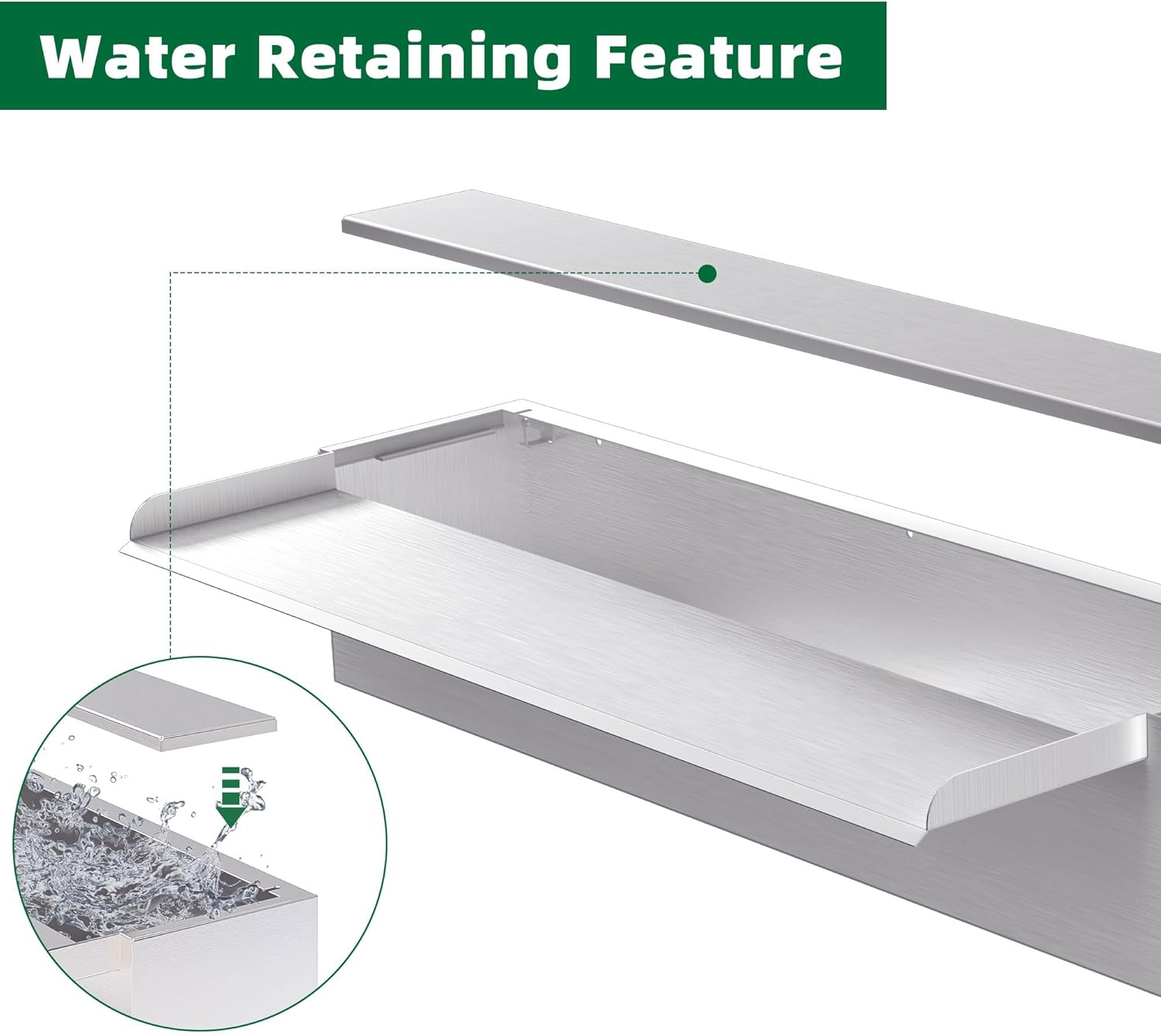 Waterfall Pool Fountain LONGRUNNEW 304 Stainless Steel 23.6" Rectangular Waterfall Spillway, Water Fall Fountain with Pipe Connector for Garden Outdoor, Swimming Pools, Fountains, Pond and Spa-VerdiqueGarden