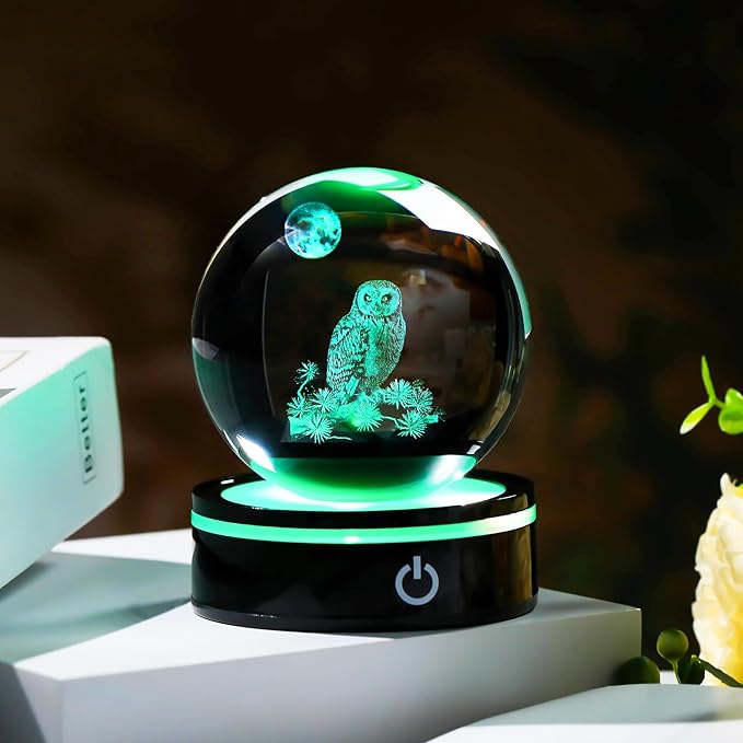 YWHL 3D Owl Figurine Crystal Ball With Colorful Light Base, Gifts for Women Men Lovers on Christmas Birthday, Laser Engraved Sphere Glass Ball for Home Office Decoration (80mm)-VerdiqueGarden