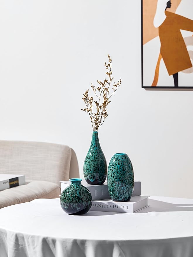 Ceramic Bud Vase Set, Fambe Blue Glazed Finish, Decorative Flower Vases (Blue-Set of 3)-VerdiqueGarden