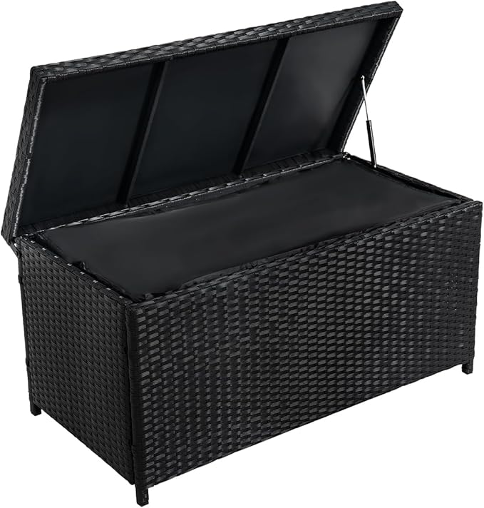Outdoor 70 Gallon Wicker Storage Box with Waterproof Liner, Patio PE Rattan Storage Container for Outside, Deck Box with Hinged Lid for Cushions, Pillows, Towels, Horizontal Bin, Black-VerdiqueGarden