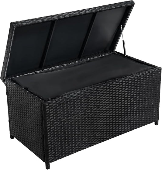 Outdoor 70 Gallon Wicker Storage Box with Waterproof Liner, Patio PE Rattan Storage Container for Outside, Deck Box with Hinged Lid for Cushions, Pillows, Towels, Horizontal Bin, Black-VerdiqueGarden