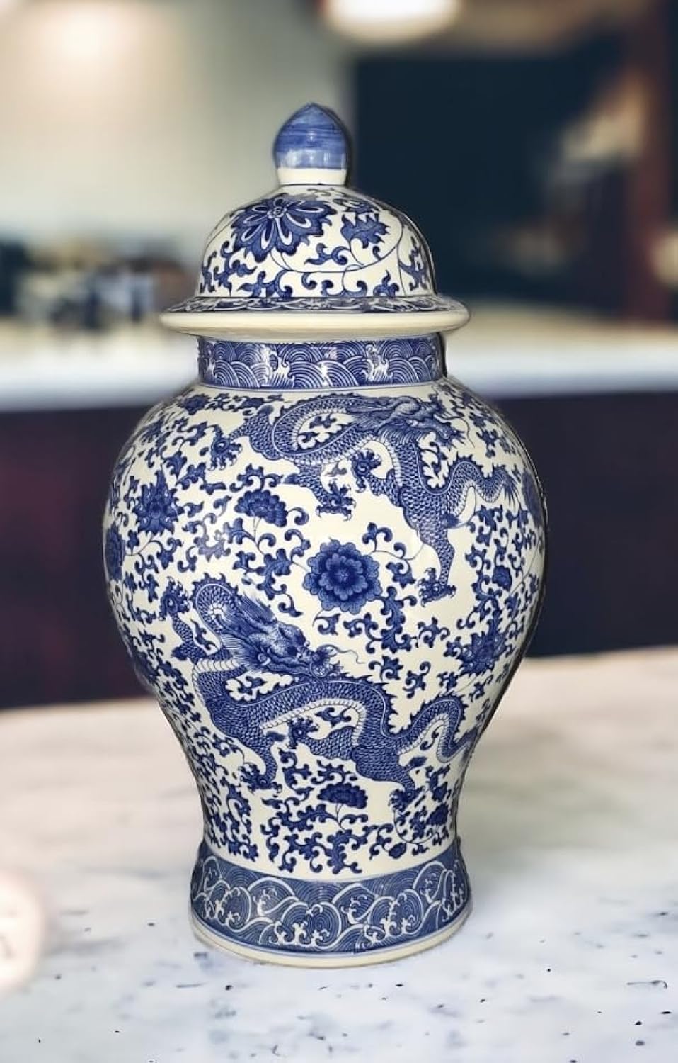 20" Classic Blue and White Floral Porcelain Ceramic Temple Ginger Jar Vase, Large China Qing Style (Dragon1)-VerdiqueGarden