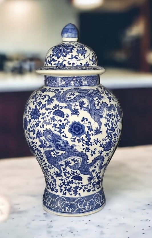 20" Classic Blue and White Floral Porcelain Ceramic Temple Ginger Jar Vase, Large China Qing Style (Dragon1)-VerdiqueGarden
