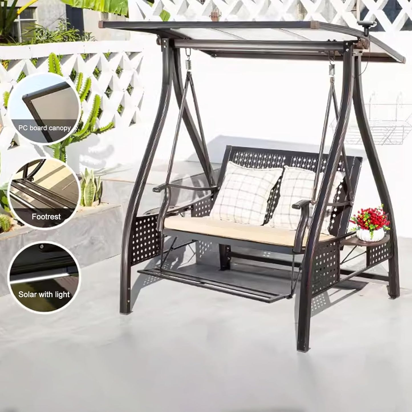 2/3-Seat Outdoor Patio Porch Swing with Adjustable Aluminum Alloy Canopy Solar Patio Swing Chair Bench with Footrest Side Cup Holder for Backyard Lawn (AEBS Red Copper-2 Seat)-VerdiqueGarden