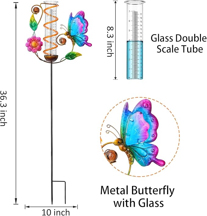 LEWIS&WAYNE 36.3” Butterfly Rain Gauge Outdoor, 7” Glass Tube Solar Powered 10 Warm White LEDs Garden Metal Stakes Decorative Waterproof for Yard Garden Patio Lawn-VerdiqueGarden