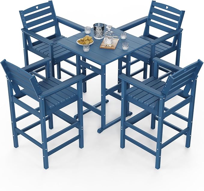 5-Piece Bar Height Outdoor Table and Chairs Set, HDPE Wood Grain Patio Bar Table and Chairs with Heart Cutout Design, Weather-Resistant Bar Height Furniture for Deck, Porch, Pool (Navy Blue)-VerdiqueGarden