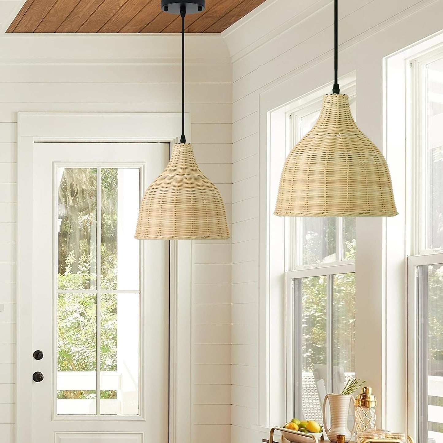 TERLEENART Hard Wired Rattan Pendant Lights Set of 2,Boho Wicker Chandelier with 9.84” Dome Shade, Basket Hand Woven Hanging Lamp for Coastal Kitchen Island Dining Room Living Room Bar Foyer Hallway-VerdiqueGarden