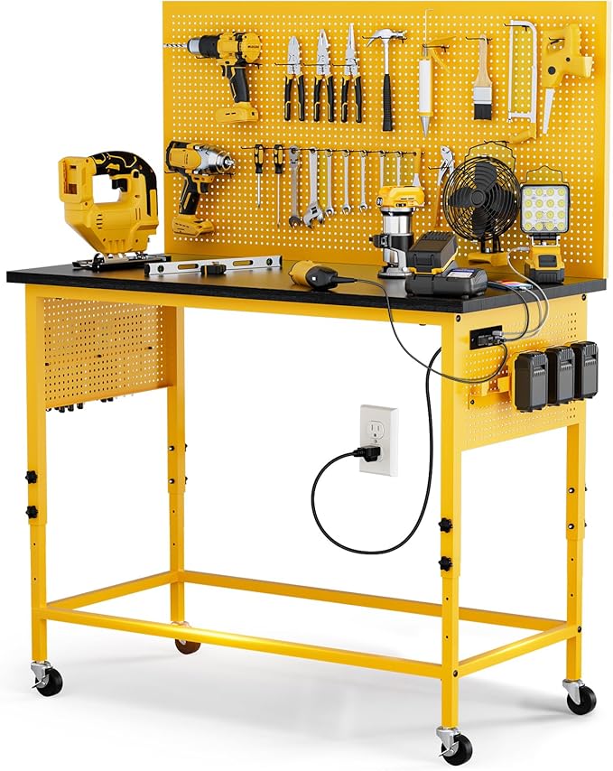 47" Heavy Duty Adjustable Workbench with Power Outlets, Pegboard & Locking Wheels - 2100LB Capacity Garage Work Table, Compatible with DeWalt Battery, Reinforced Steel Frame for Workshop & Home Use-VerdiqueGarden
