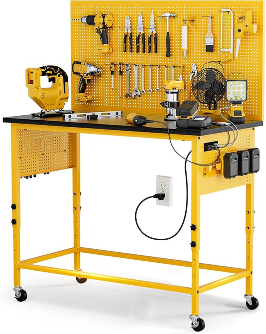47" Heavy Duty Adjustable Workbench with Power Outlets, Pegboard & Locking Wheels - 2100LB Capacity Garage Work Table, Compatible with DeWalt Battery, Reinforced Steel Frame for Workshop & Home Use-VerdiqueGarden