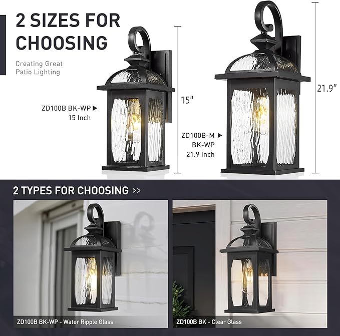zeyu 15 Inch Outdoor Wall Lights Exterior, Outdoor Patio Light Fixture for Garden Porch, Die-Cast Aluminum with Water Ripple Glass, Black Finish, ZD100B BK-WP-VerdiqueGarden