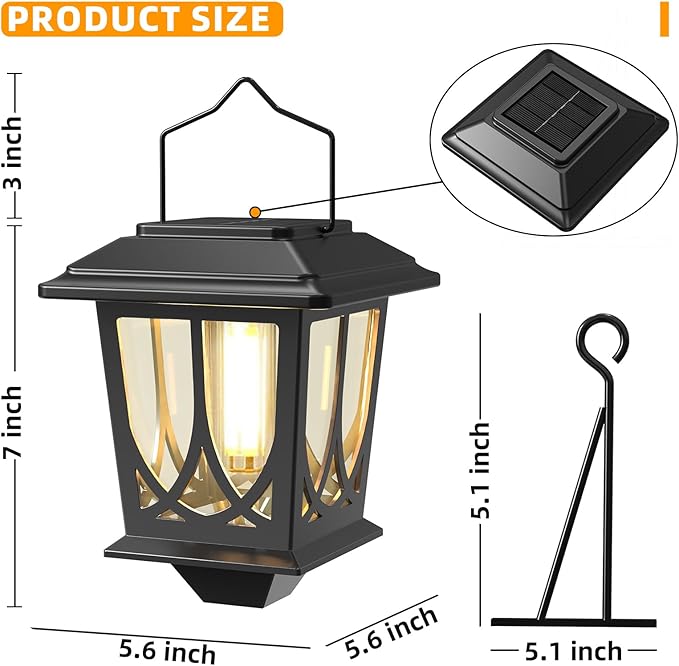 Solar Lanterns Outdoor Waterproof 2 Pack, Glass Auto On/Off LED Hanging Solar Lights, Outdoor Lantern with Wall Mount for Yard Fence Patio - Black-VerdiqueGarden