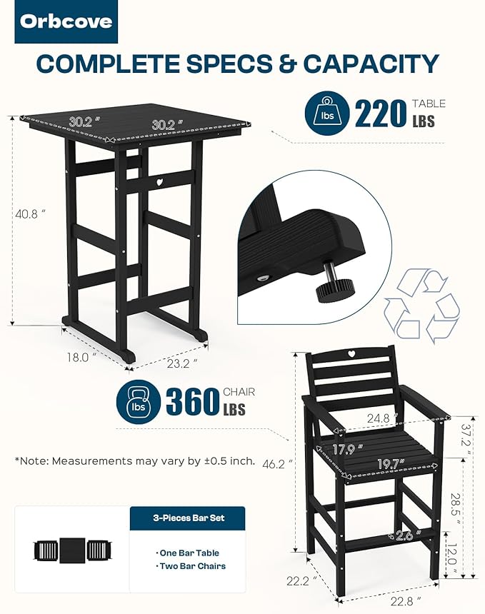 5-Piece Bar Height Outdoor Table and Chairs Set, HDPE Wood Grain Patio Bar Table and Chairs with Heart Cutout Design, Weather-Resistant Bar Height Furniture for Deck, Porch, Pool (Black)-VerdiqueGarden