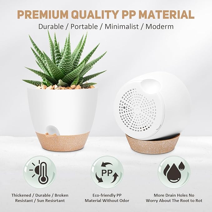 12 Inch Large Self Watering Plant Pot Set, Flower Pots with Multi-Mesh Drainage Holes and Saucer, Suitable for Indoor and Outdoor Garden Plants, White.-VerdiqueGarden