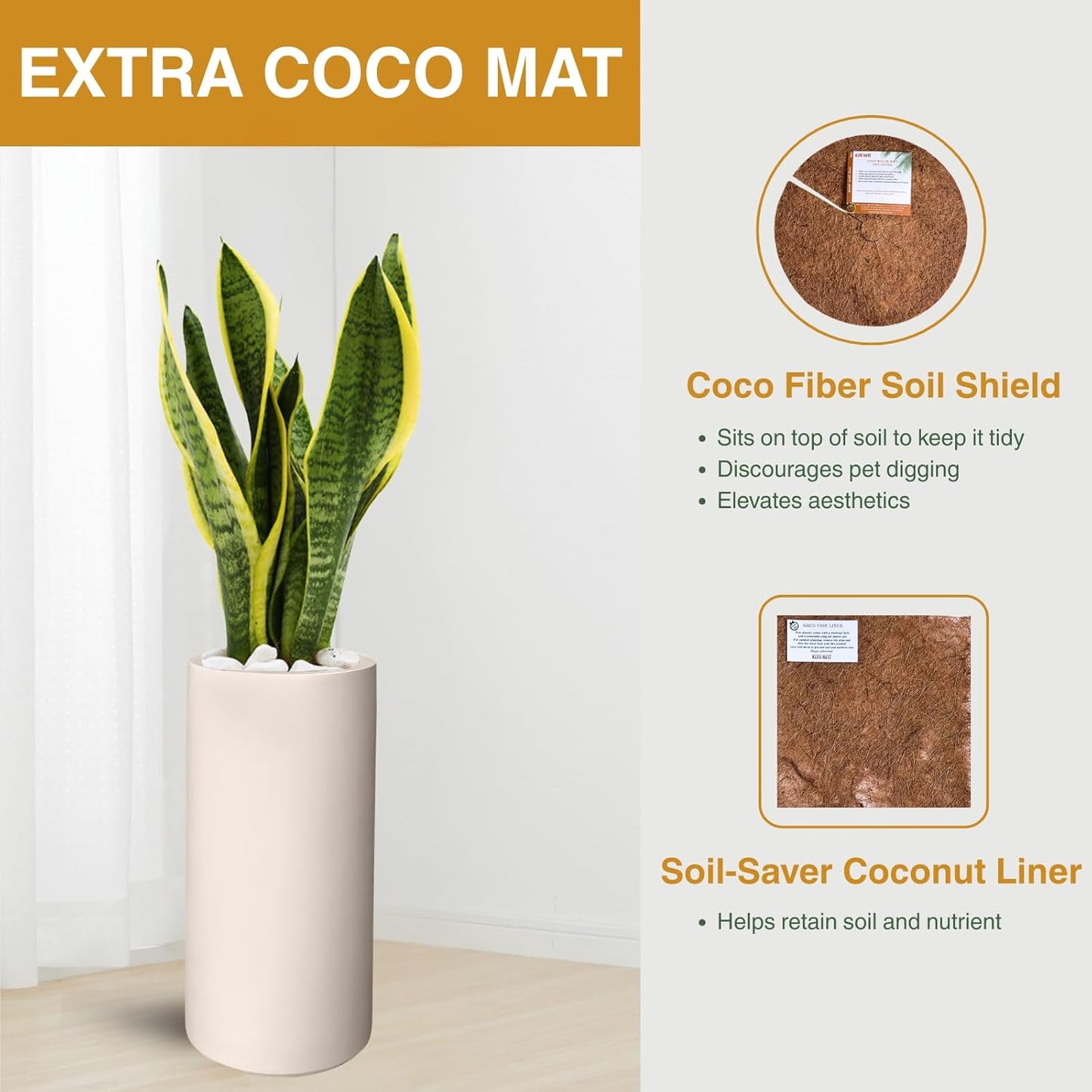 19.5" H x 9.8" D Tubo Fiberstone Cylinder Tall Planter with Drainage Hole, Smooth Finishes, for Indoor and Outdoor Use, Included 2 Extra Coco Mats (Kilim Beige, 8.2" Pot Opening)-VerdiqueGarden