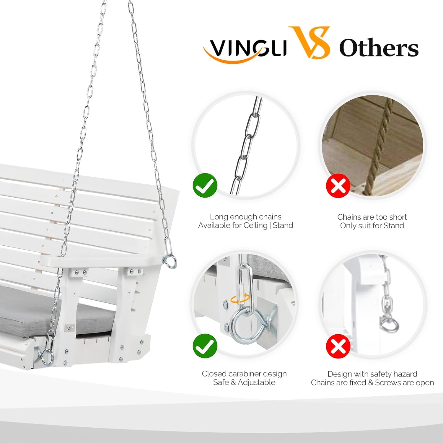 VINGLI Heavy Duty 880 LBS Patio Wooden Porch Swing Outdoor with Extra Cushion, Farmhouse Hanging Bench Tree Swing with Adjustable Chains for Yard | Garden | Lawn | Balcony (5 FT, White)-VerdiqueGarden