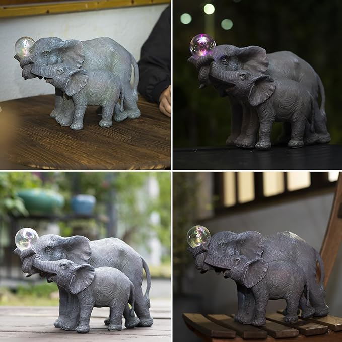 Solar Elephant Statues Lights for Outdoors Garden Decor, Large Outdoor Elephant Statues, Modern Elephant Resin Statue Decorations with Color-Changing Bulb, Unique Housewarming Gifts for Mom, Women-VerdiqueGarden