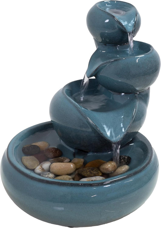 Sunnydaze Tiered Vessels Ceramic Tabletop Water Fountain - Relaxing Indoor Fountain for Office, Bedroom, or Living Room - Teal-VerdiqueGarden