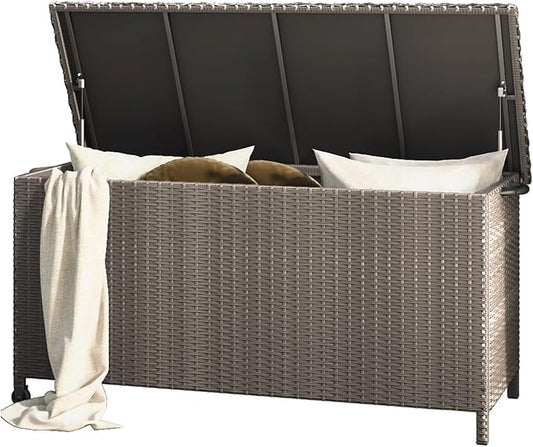 Grand patio 108 Gallon Deck Storage Box Indoor Outdoor Wicker Bin for Patio Furniture Cushions Garden Tools Pool Accessories, Greige-VerdiqueGarden