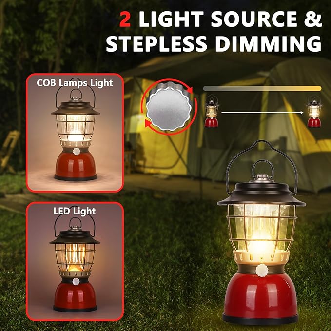 LED Camping Lantern Rechargeable Stepless Dimming Vintage Tent Lamp, 4000mAh Power Bank, IPX5 Waterproof Portable Hanging Camping Tent Light for Camping Hiking Emergency and Power Outage-VerdiqueGarden