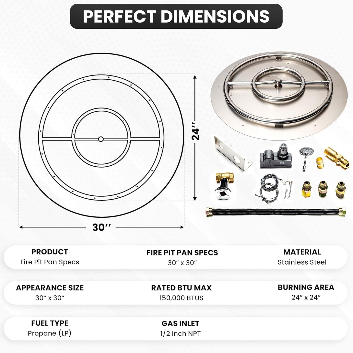 Stainless Steel Fire Pit Burner Pan & Ring Standard Kit with Spark Ignition for Liquid Propane, 30-Inch Pan, 24-Inch Ring, 150,000 BTU Max-VerdiqueGarden