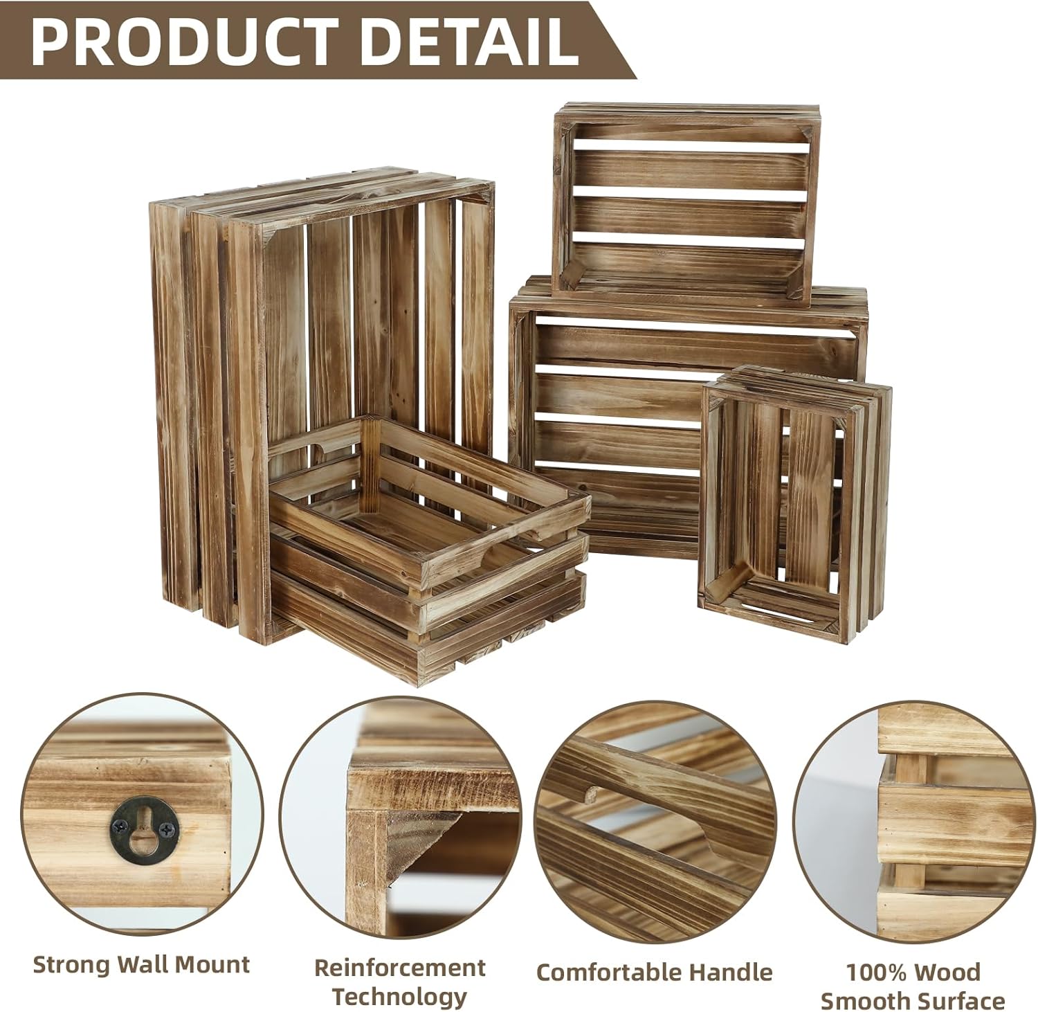 Set of 5 Large Wooden Crates, Nesting Storage Crate with Handles, Rustic Torched Brown Farmhouse Wooden Crates for Display, Wedding Birthday Home Party Living Room Kitchen Decoration-VerdiqueGarden