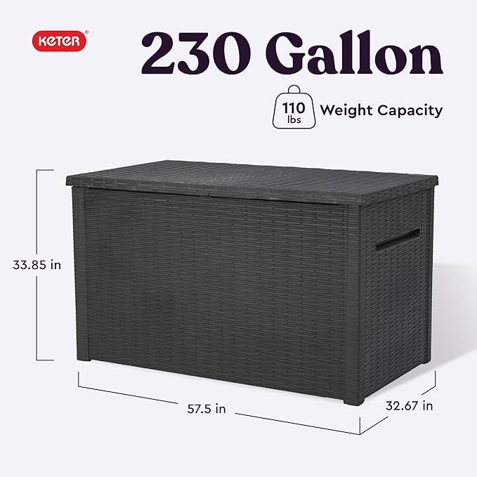 Keter Java XXL 230 Gallon Resin Rattan Look Large Outdoor Storage Deck Box for Patio Furniture Cushions, Pool Toys, and Garden Tools, Dark Grey-VerdiqueGarden