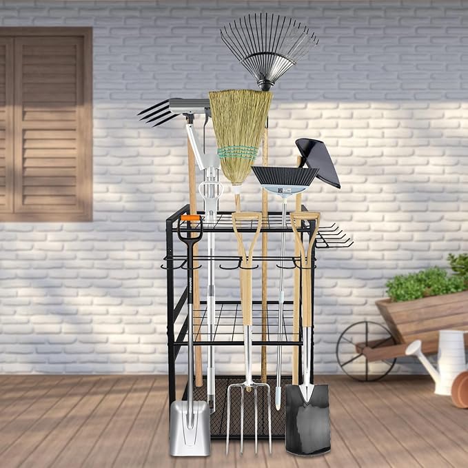 3 Tier Garden Tool Organizer, Yard Tool Tower Rack, Tool organizer up to 78 Tools, Heavy Duty Garden Tool Organizer for Garage, Yard, Patio, Shed, Indoors and Outdoors, Black-VerdiqueGarden