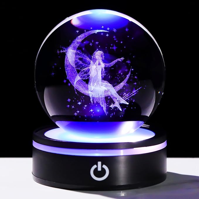 YWHL 3D Crystal Moon Figurine with Colorful LED Base, Laser Fairy Gifts for Women Girls on Christmas Birthday, Glass Globe Decorative Ball for Fairy Lovers Home Decor (80mm)-VerdiqueGarden