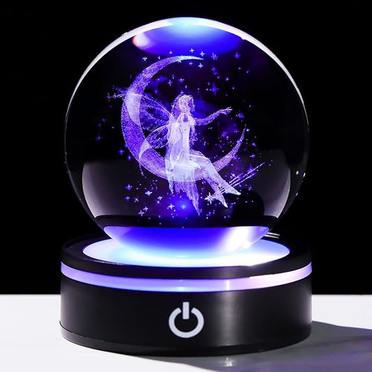 YWHL 3D Crystal Moon Figurine with Colorful LED Base, Laser Fairy Gifts for Women Girls on Christmas Birthday, Glass Globe Decorative Ball for Fairy Lovers Home Decor (80mm)-VerdiqueGarden
