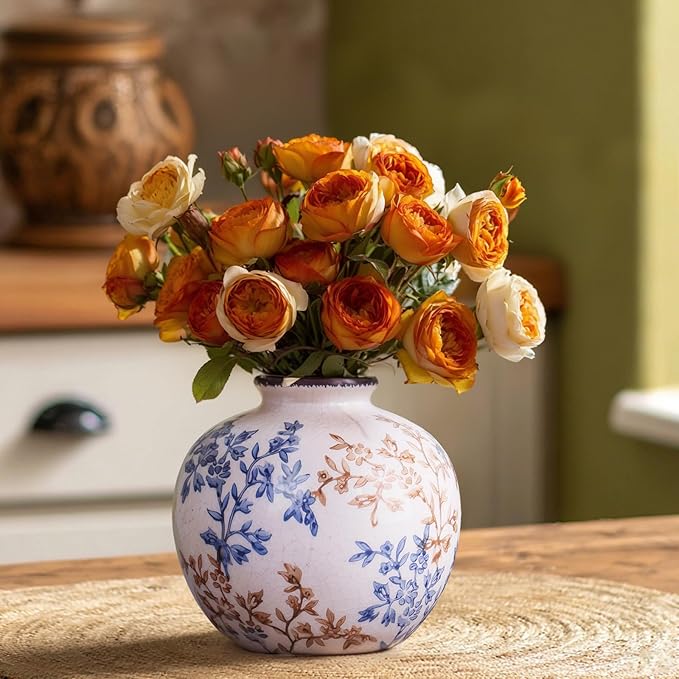 Blue-and-White Vintage Round vase, Chinese-Style Porcelain Blue vase, Suitable for Home Decor, Living Room Coffee Table, Office, Rustic Farmhouse Dining Table Centerpiece, and Tabletop Decoration.-VerdiqueGarden