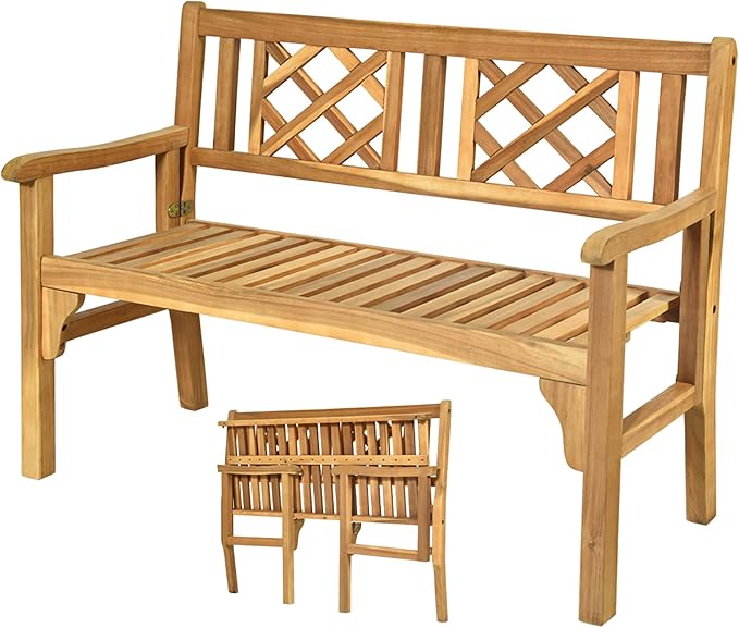 Tangkula Folding Outdoor Wood Garden Bench, Foldable Acacia Wood Patio Bench with Wide Curved Armrest & Backrest, Outside 2-Person Loveseat Chair for Entryway, Yard, Deck, Balcony & Park-VerdiqueGarden
