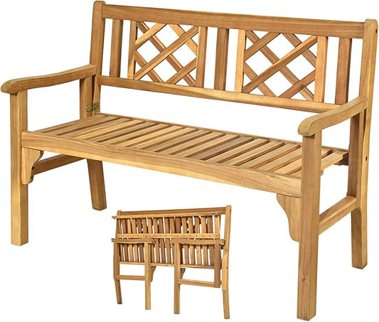 Tangkula Folding Outdoor Wood Garden Bench, Foldable Acacia Wood Patio Bench with Wide Curved Armrest & Backrest, Outside 2-Person Loveseat Chair for Entryway, Yard, Deck, Balcony & Park-VerdiqueGarden