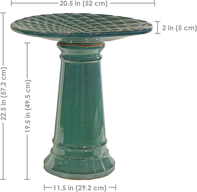 Sunnydaze Rennes Outdoor Ceramic Bird Bath - 22.5" H - UV- and Frost-Resistant - Glazed Bowl and Pedestal with Turquoise Finish-VerdiqueGarden