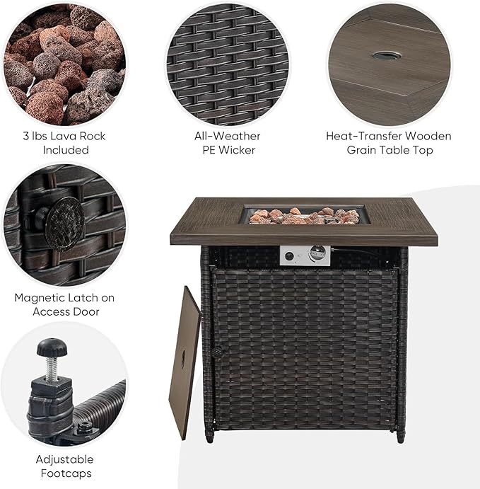 5 Pieces Patio Wicker Furniture Set - 4 Outdoor Swivel Rocker Glider Chairs with 50000BTU Propane Fire Pit Table, Warm Patio Conversation Set Red Cushion Perfect for Casual Gathering-VerdiqueGarden