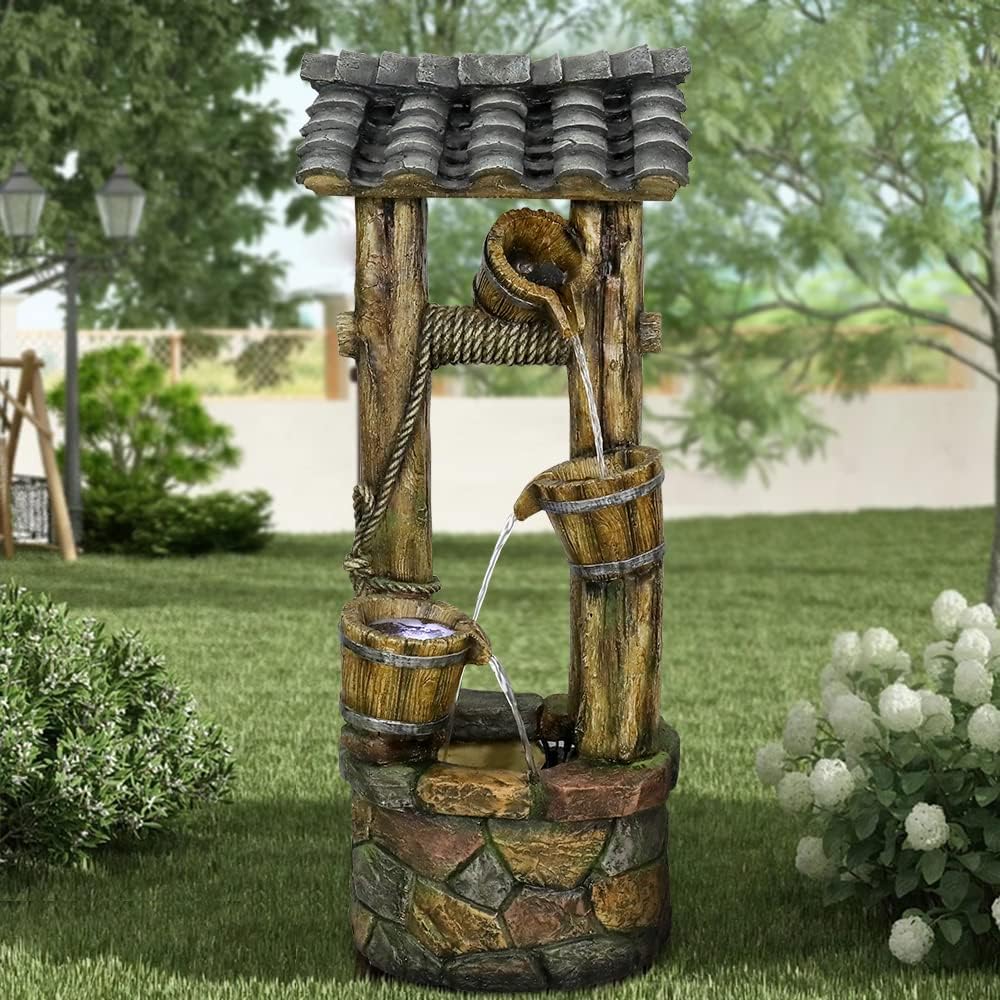 Wishing Well Water Fountain, 39.3inches Rustic Outdoor Water Fountains - Outdoor Cascading Waterfall with Buckets, Pump & Lights for Backyard Patio Decor-VerdiqueGarden