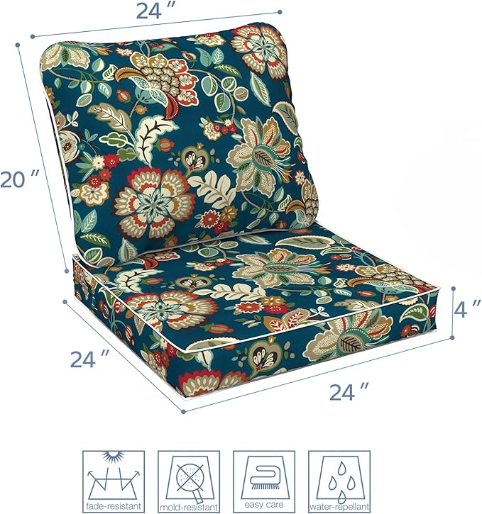 LVTXIII Outdoor/Indoor Deep Seat Cushion Patio Seat and Back Cushion Set All-Weather Replacement Chair Cushion for Wicker Chairs and Garden Furniture Decoration, 24"x24"x4", Peacock Blue-VerdiqueGarden