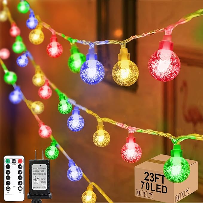 22.9ft 70LED Globe String Lights Outdoor,Crystal Fairy Light IP44 Waterproof Outdoor Hanging Decorative Lights for Home Tent Patio Garden Party Wedding Decor-VerdiqueGarden