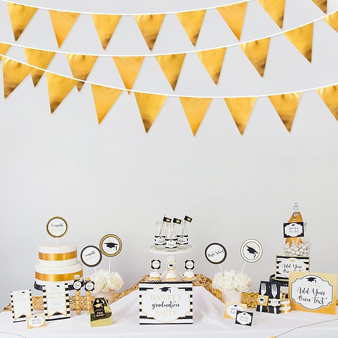 Gold Party Decorations Metallic Fabric Triangle Pennant Banner Gold Flag Bunting Garland for Graduation Birthday Wedding Anniversary Bridal Shower Bachelorette Engagement Hen Party Decoration Supplies-VerdiqueGarden