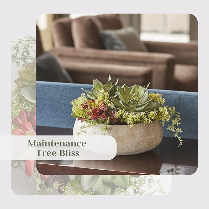 Round Faux Succulent Arrangement, 14" Premium Artificial Indoor Plant Enhances Interior Design, Display on Any Surface in Your Home Adding an Inviting Touch of Nature, Natural Planter Pot Included-VerdiqueGarden