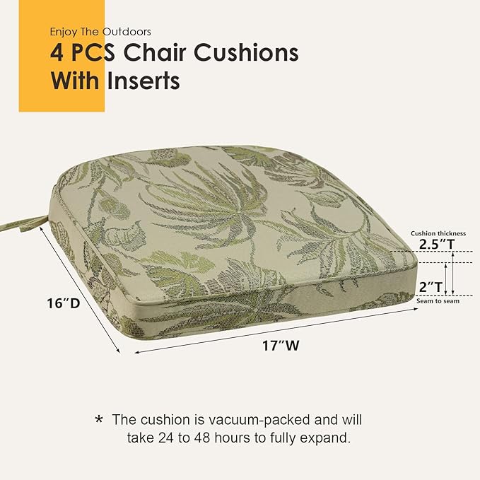 Outdoor Round Corner Seat Cushion, 17"x16"x2", Set of 4, Non Slip Seat Cushion Pads with Removable Cover for Patio Furniture, Garden Yard Lawn, Dark Green Vine-VerdiqueGarden