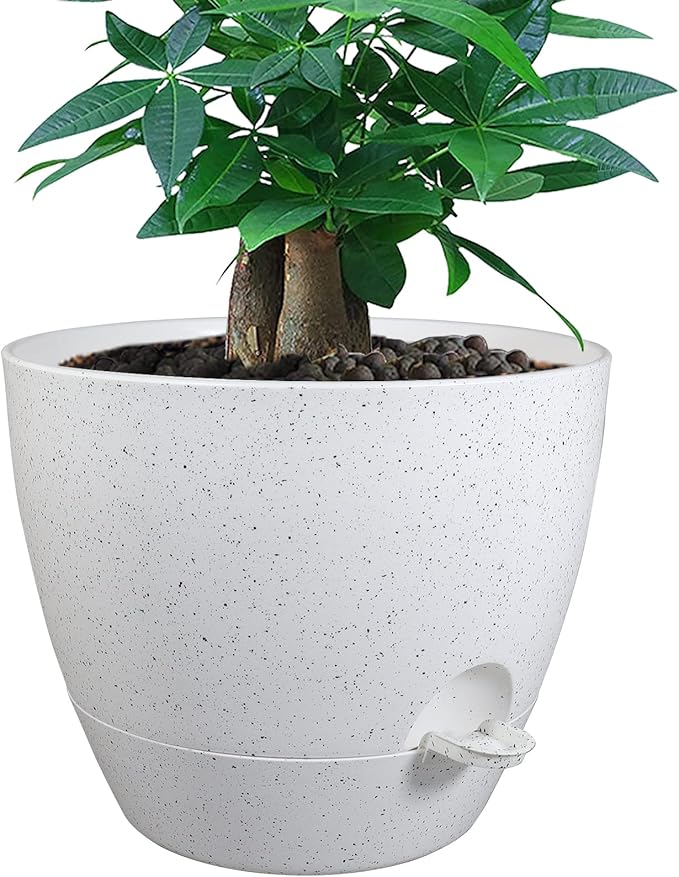 12 inch Large Self Watering Pots, Plastic Planters with 60oZ Removable Deep Reservoir and Multi Mesh Drainage Holes for Indoor Outdoor Garden Plants and Flowers, White Speckles-VerdiqueGarden