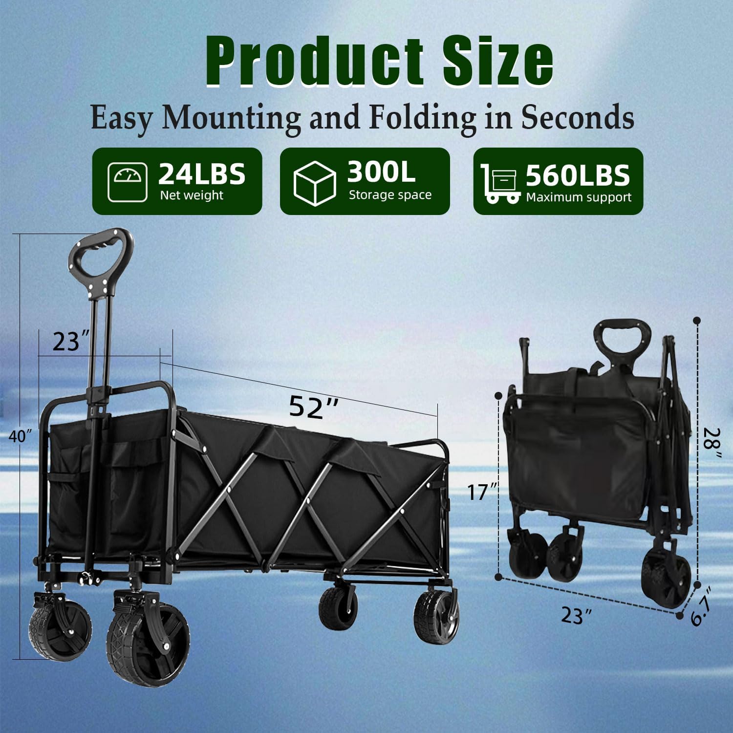 52" L Collapsible Wagon Cart Foldable, 300L 560lbs Weight Capacity, Heavy Duty Beach Wagon with Big Wheels, Shopping Carts for Grocery, Camping, Shopping, Beach, Garden Cart-VerdiqueGarden