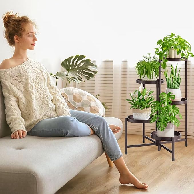 iDavosic.ly 5 Tier Large Plant Stand Indoor, 10 Inch Wide Tall Corner Metal Plant Stands Outdoor for Multiple Plants, Folding Tiered Flower Display Holder Rack Shelf, Violet Bronze-VerdiqueGarden