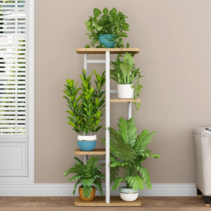 LINZINAR Plant Stand 4 Tier 5 Potted Indoor Plant Shelf Multiple Stands for Garden Corner Balcony Living Room (4 Tier 5 Potted, White)-VerdiqueGarden