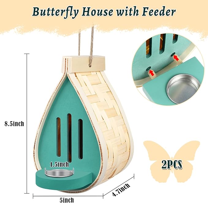 2 Pcs Butterfly House and Feeder, Wooden Hanging Butterfly House for Garden, Natural Butterfly Habitat with Butterfly Puddler for Bugs, Butterflies, Moths, Lacewings-VerdiqueGarden