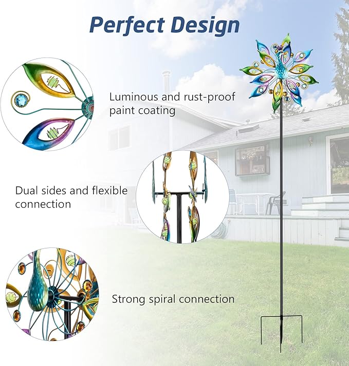 DREAMYSOUL 15.7" D*65”H Metal Peacock Wind Spinners Double Sided Kinetic Wind Sculptures Outdoor Metal Windmill for Garden Yard Decor-VerdiqueGarden