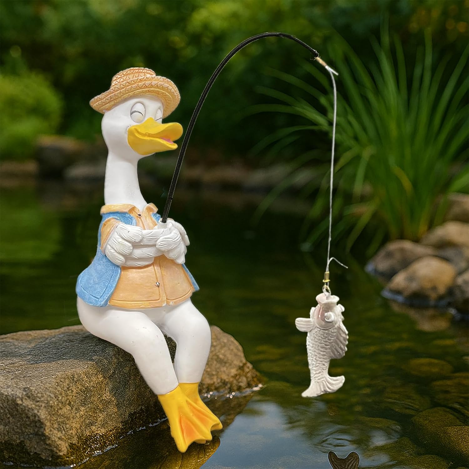 Duck Fishing Statue Garden Decor – 9.8" Weatherproof Resin Duck Fishing Sculpture Decor for Fish Ponds, Koi Ponds, Waterfalls, Poolside & Outdoor Gardens– Resin Figurine for Indoor & Outdoor Décor-VerdiqueGarden