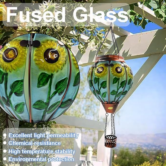 Hot Air Balloon Solar Lantern with Flickering Flame, Glass Hanging Garden Lights Outdoor Waterproof for Tree Yard Patio Mother's Day Gift, 18" H Sunflower-VerdiqueGarden