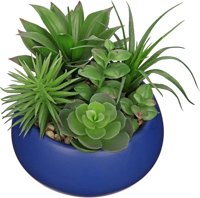 Fake Plants Artificial Succulents in Pots Faux Succulent Arrangement Potted Plant in Blue Ceramic Planter Bowl for Home Decor Office Desk Bathroom Shelf Living Room Indoor Decorations-VerdiqueGarden
