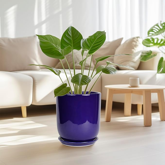 10 Inch Plant Pot - Ceramic Pot for Indoor Plants Large Planter Modern Outdoor Flower Pot with Drainage Hole and Saucer for Home Patio Decor Blue-VerdiqueGarden